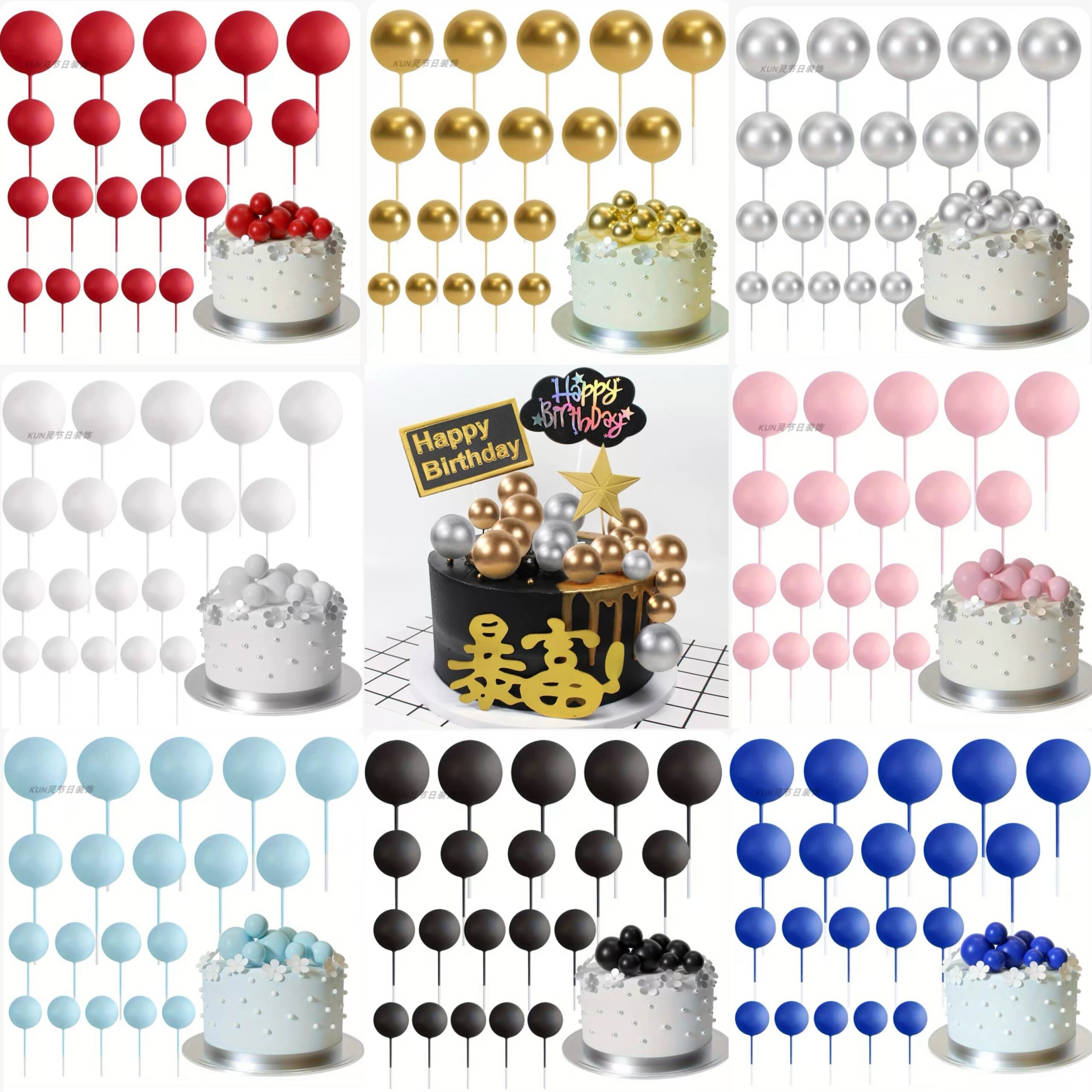 Decoración Esfera para Torta con Bolas – Topper de Pastel para Cumpleaños, Fiesta, Repostería *20pcs(2-4cm)