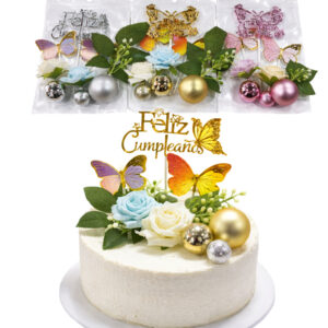 Kit Decoración para Pastel Feliz Cumpleaños con Mariposas, Flores y Esferas