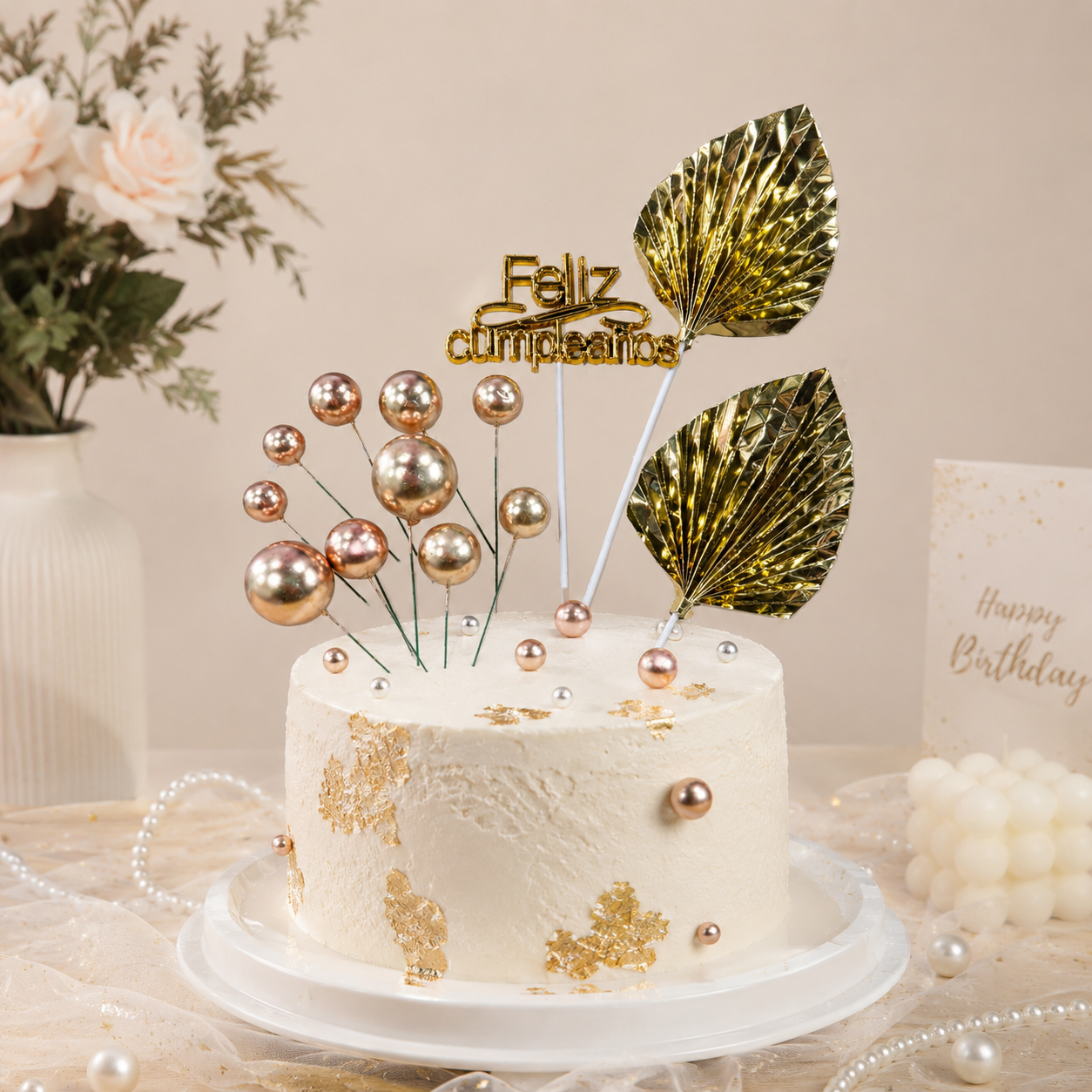 Set Decorativo para Torta Feliz Cumpleaños con Hojas Doradas y Esferas dorado