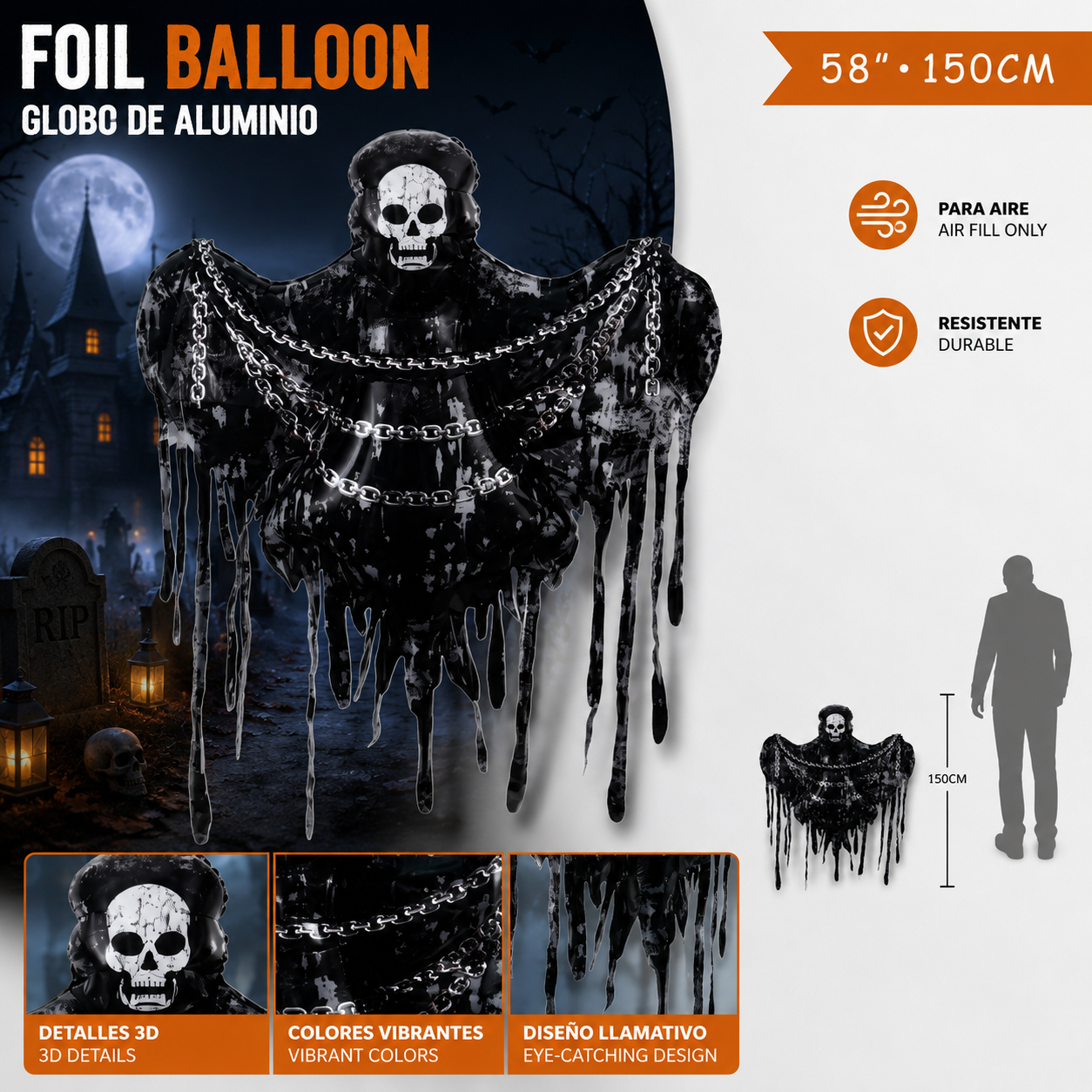 Globo de Aluminio Fantasma Esqueleto Gigante Halloween 150 cm