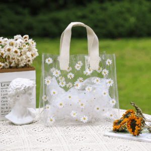 Bolsa De Regalo Transparente Con Margaritas PVC Reutilizable Premium x10uni （25*14*22cm）