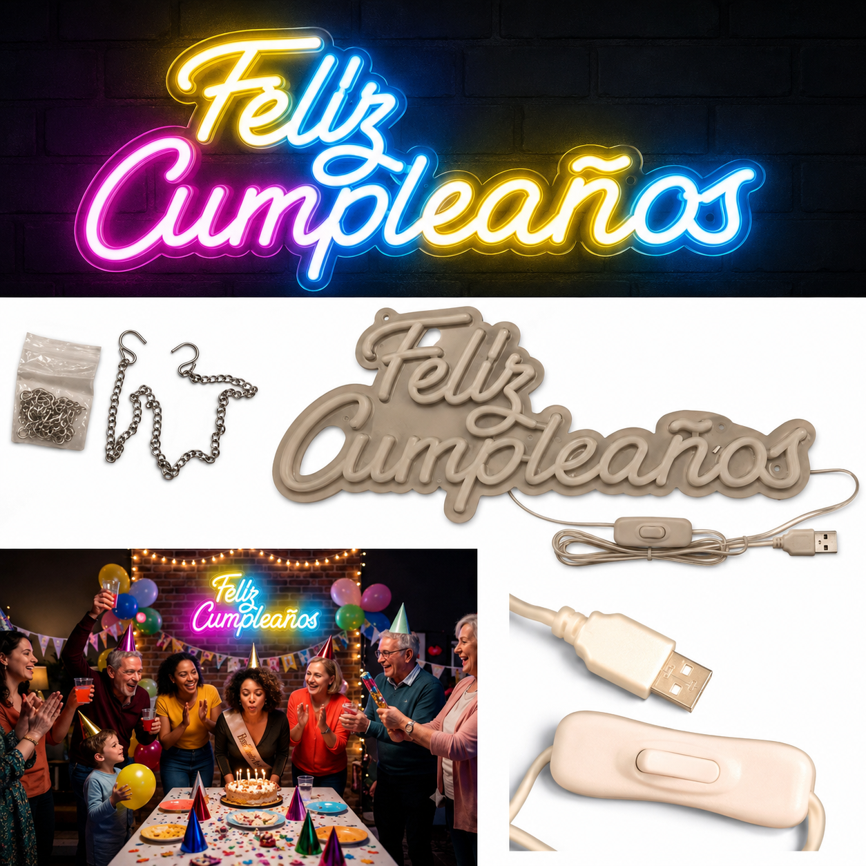 Cartel luminoso feliz cumpleaños multicolor neón (45x22.5cm)