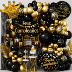 set de globo negro con dorado y feliz cumple 62pcs(Como Se Muestra En La Foto