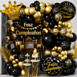 set de globo negro con dorado y feliz cumple 62pcs(Como Se Muestra En La Foto