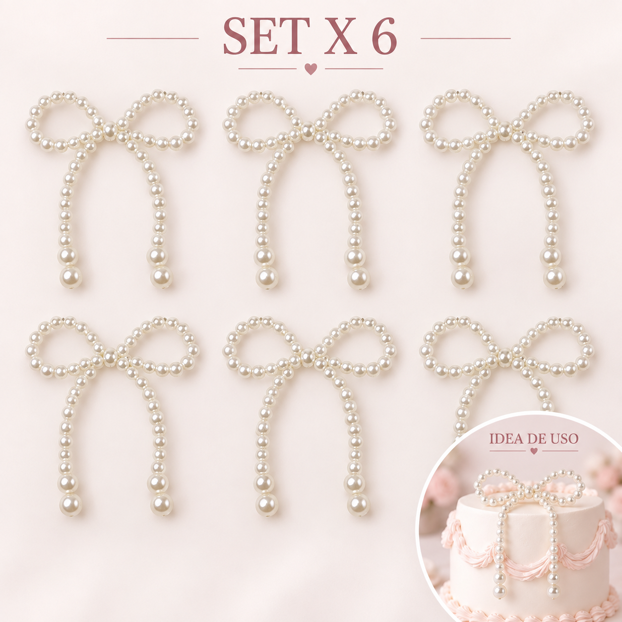 Set X6 Moños De Perlas Decorativos Para Torta