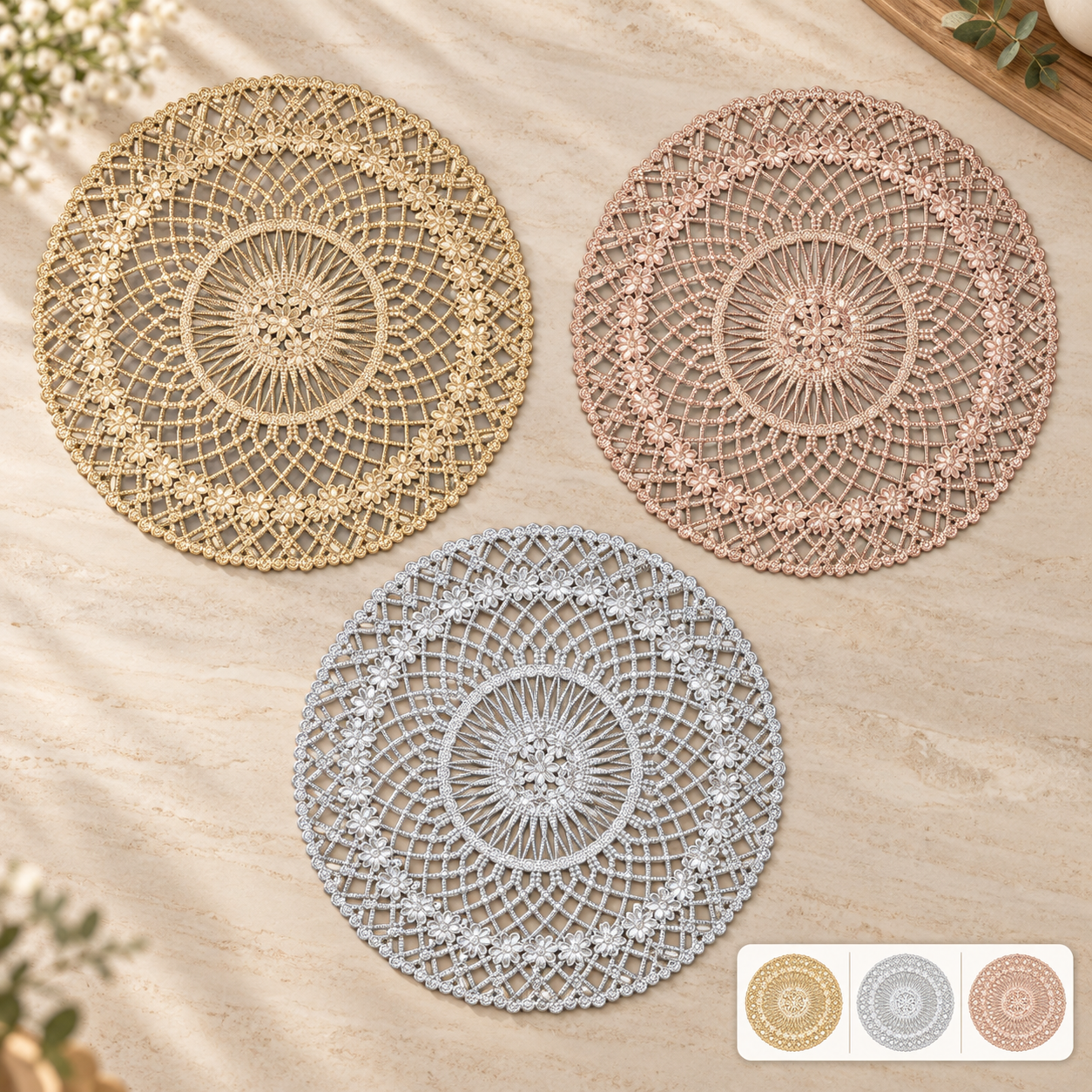 Individual PVC De Mesa Redondo Calado Dorado Plateado Rosé