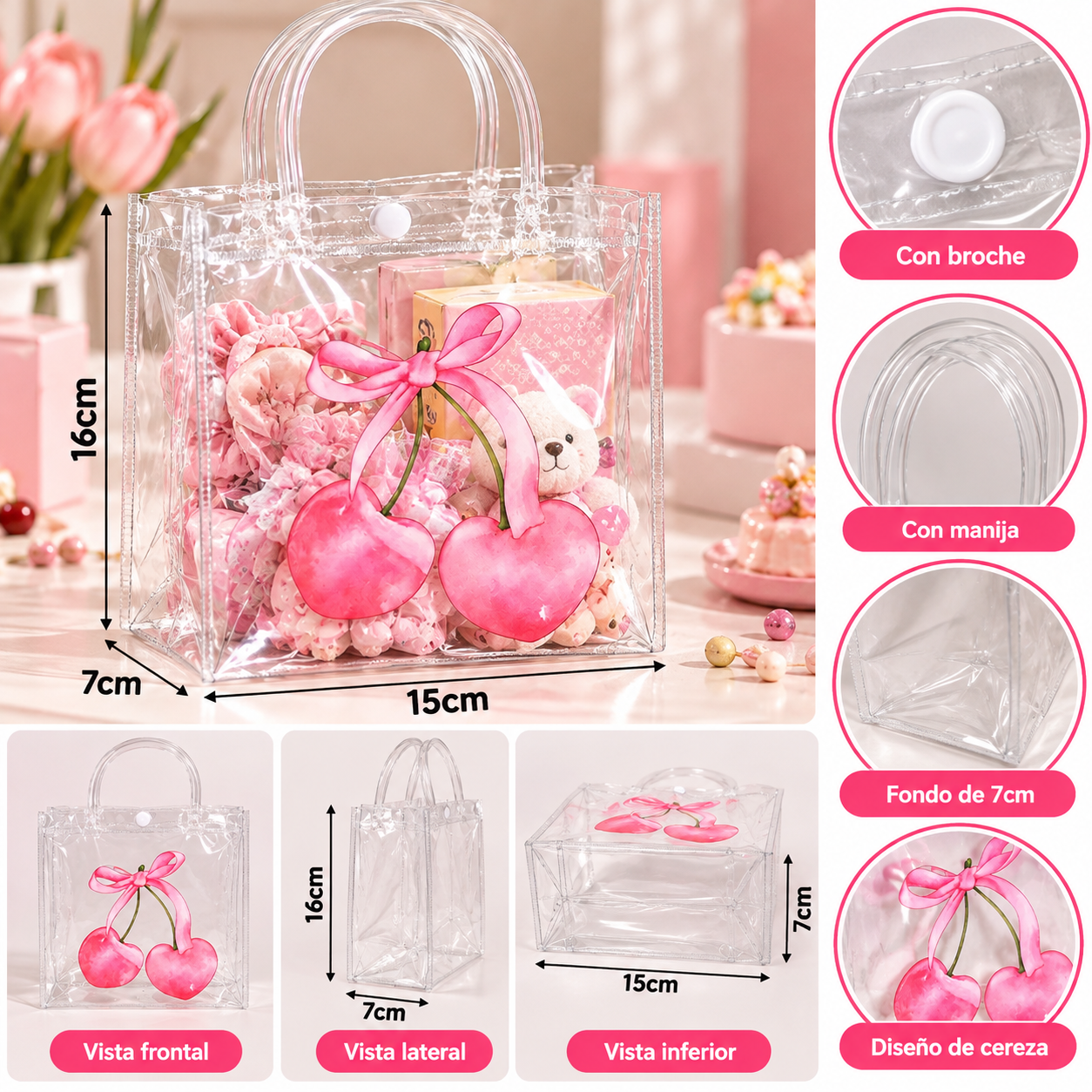 Bolsa PVC Transparente Con Cerezas Para Souvenirs 15x16x7cm Pack X10