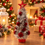 Árbol de Navidad Mini Plateado con Bolas Rojas y Estrella Decorativo/ 27.5*5.2cm