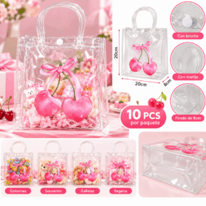 Bolsa PVC Transparente Con Cerezas Para Souvenirs 20x20x8cm Pack X10