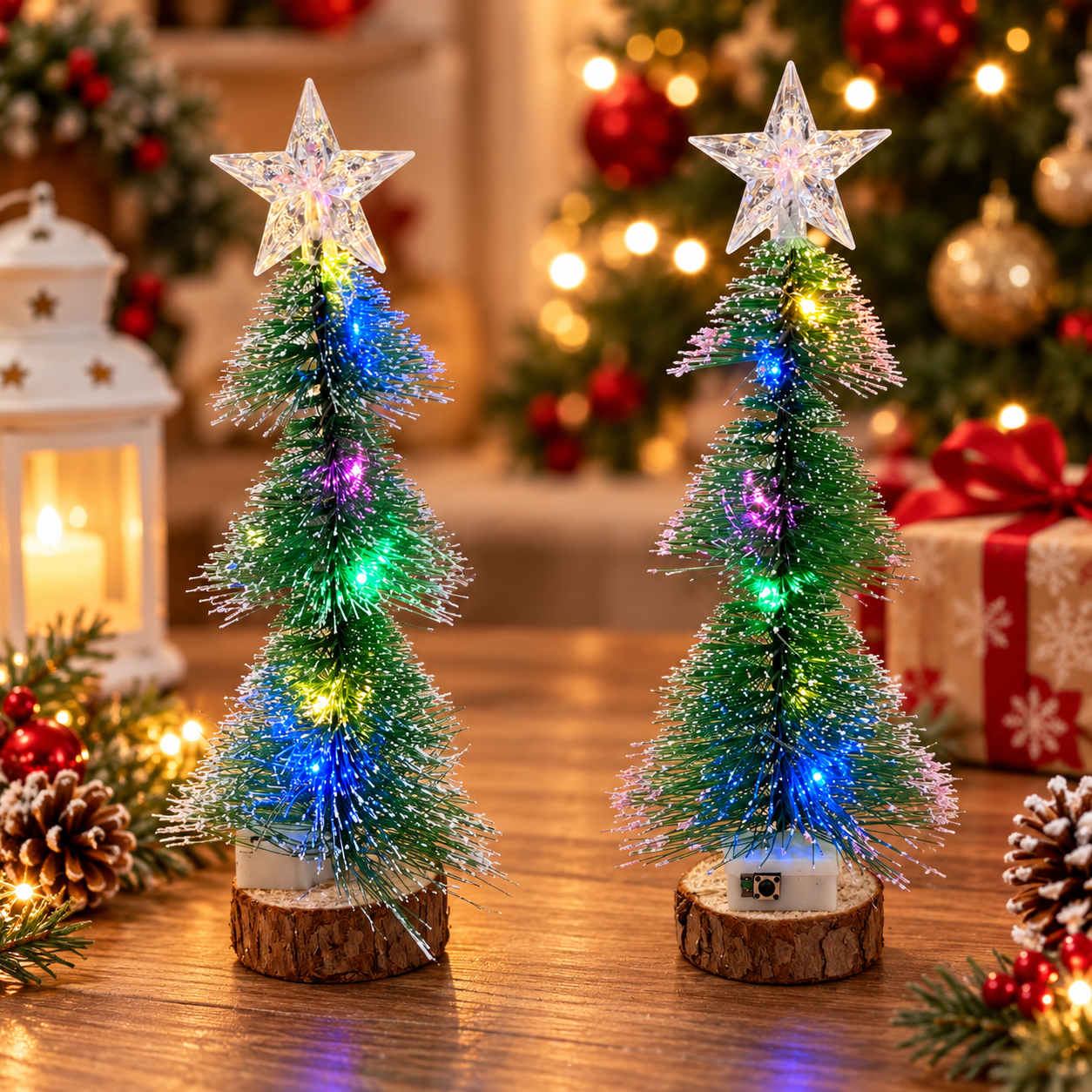 ARBOL DE NAVIDAD CON LUCES LED MULTICOLOR ESTRELLA Y BASE DE MADERA /15*4.5CM