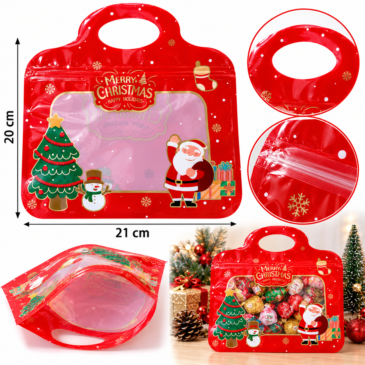 Bolsa Navideña Con Cierre Y Manija Papá Noel 20x21 Cm/ 20U
