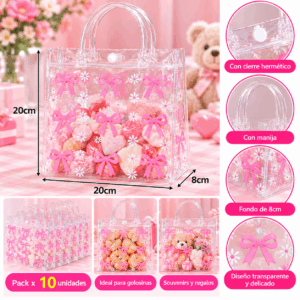 Bolsa PVC Transparente Con Moños y margarita 20x20x8cm Pack X10