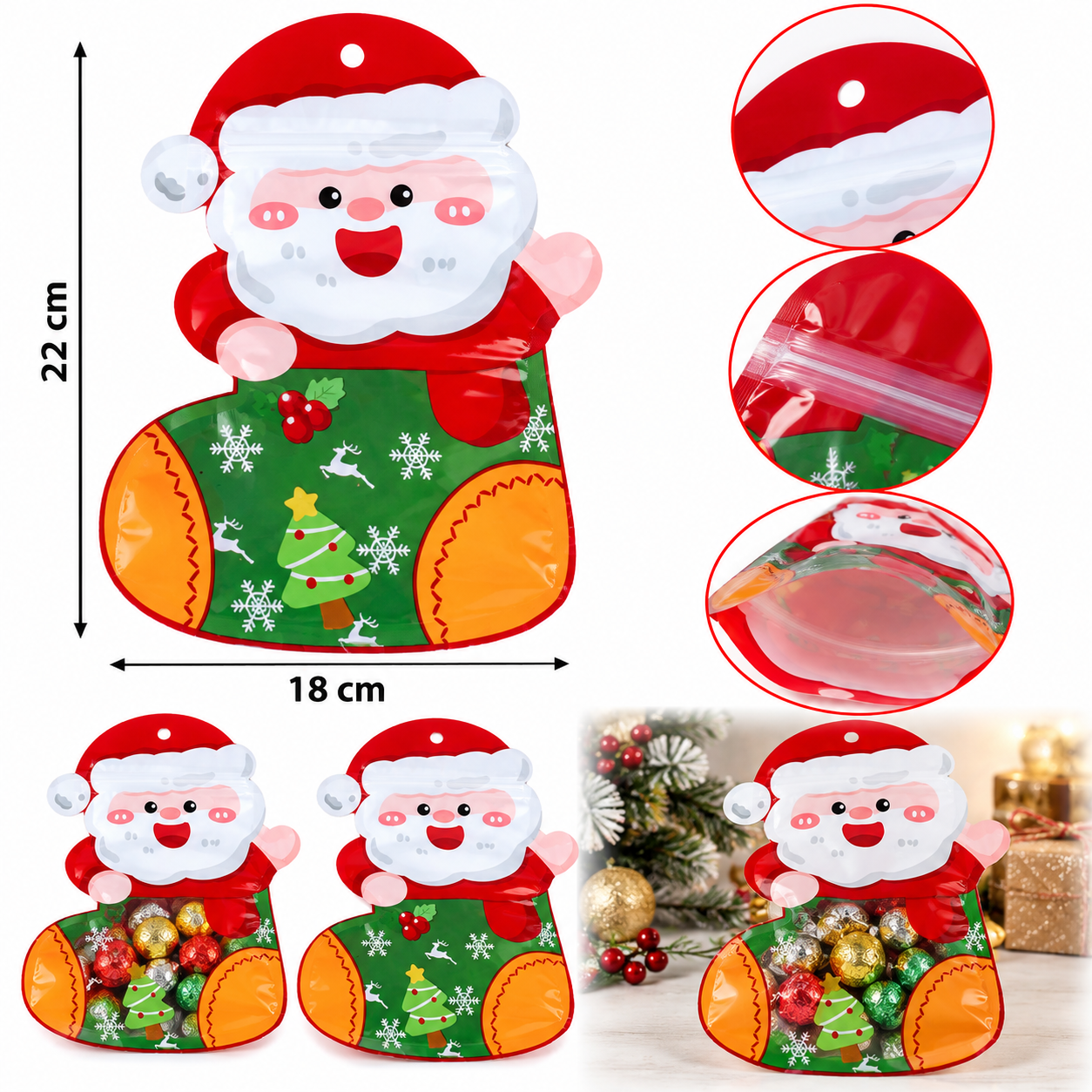 Bolsa Navideña Papá Noel Con Cierre Para Golosinas 18x22 Cm / 20U