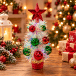 Árbol de Navidad Mini Decorativo con Espumillón Tornasolado, Bolas y Estrella Roja/ 20x3.7cm