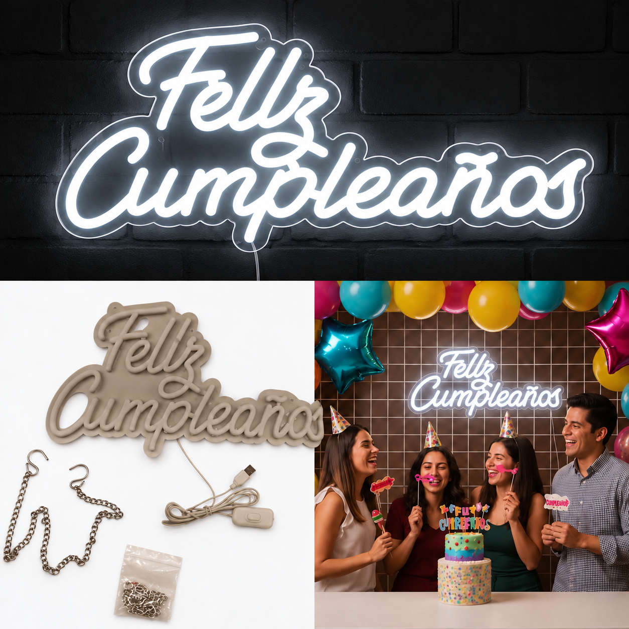 Cartel Luminoso Feliz Cumpleaños Luz blanco Neón （45×22.5cm）